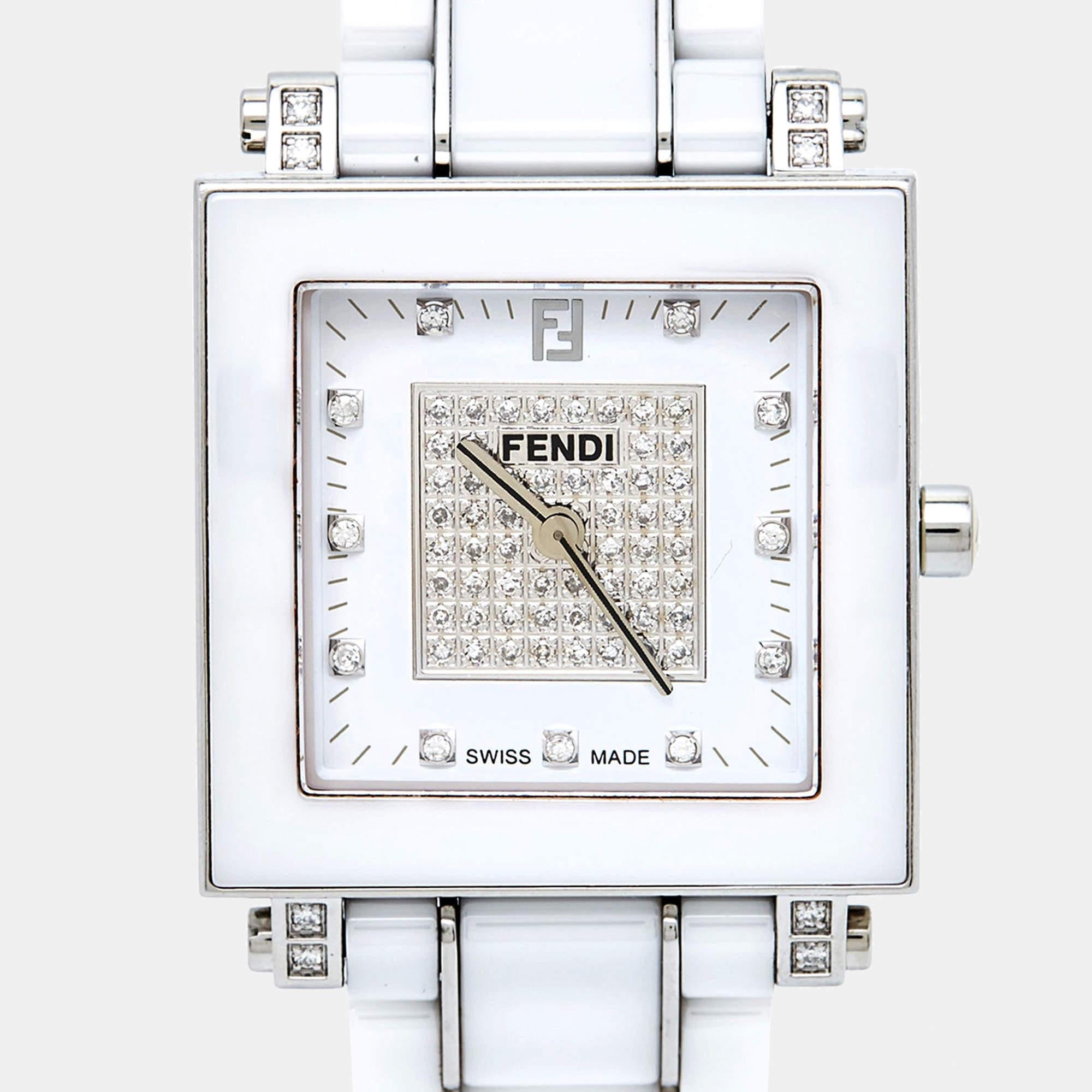 Fendi White Ceramic Stainless Steel Diamonds Quadro 6200G Women's Wristwatch 30  4