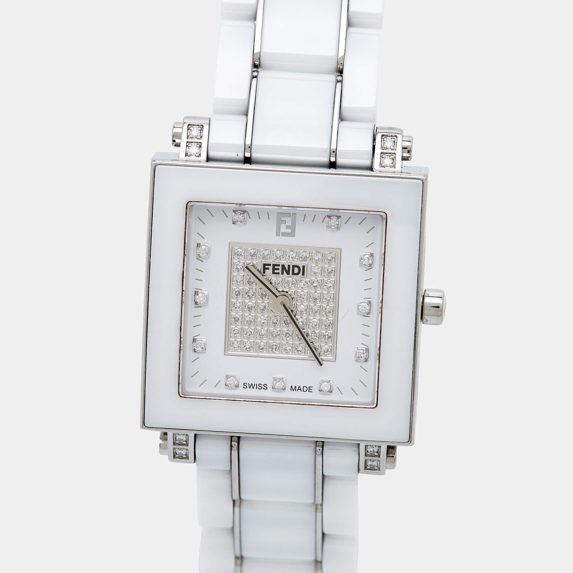 Fendi White Ceramic Stainless Steel Diamonds Quadro 6200G Women's Wristwatch 30  5