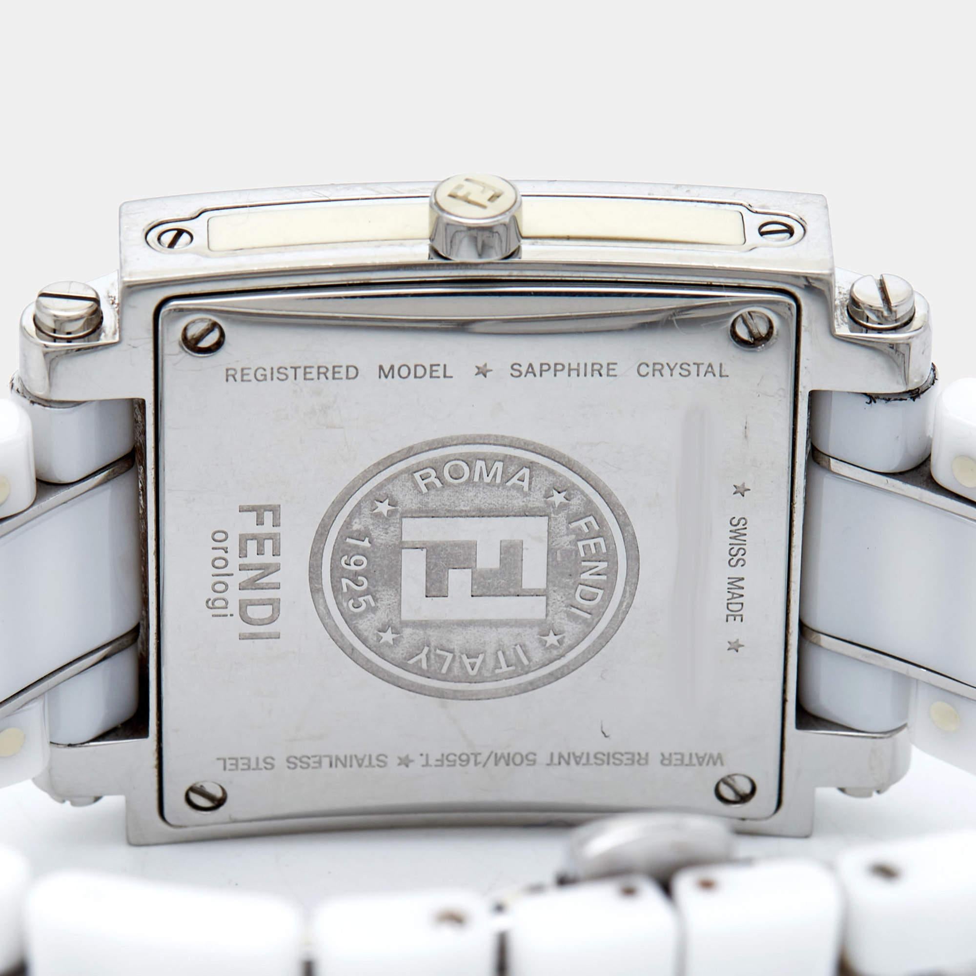 Fendi White Ceramic Stainless Steel Diamonds Quadro 6200G Women's Wristwatch 30  In Good Condition In Dubai, Al Qouz 2