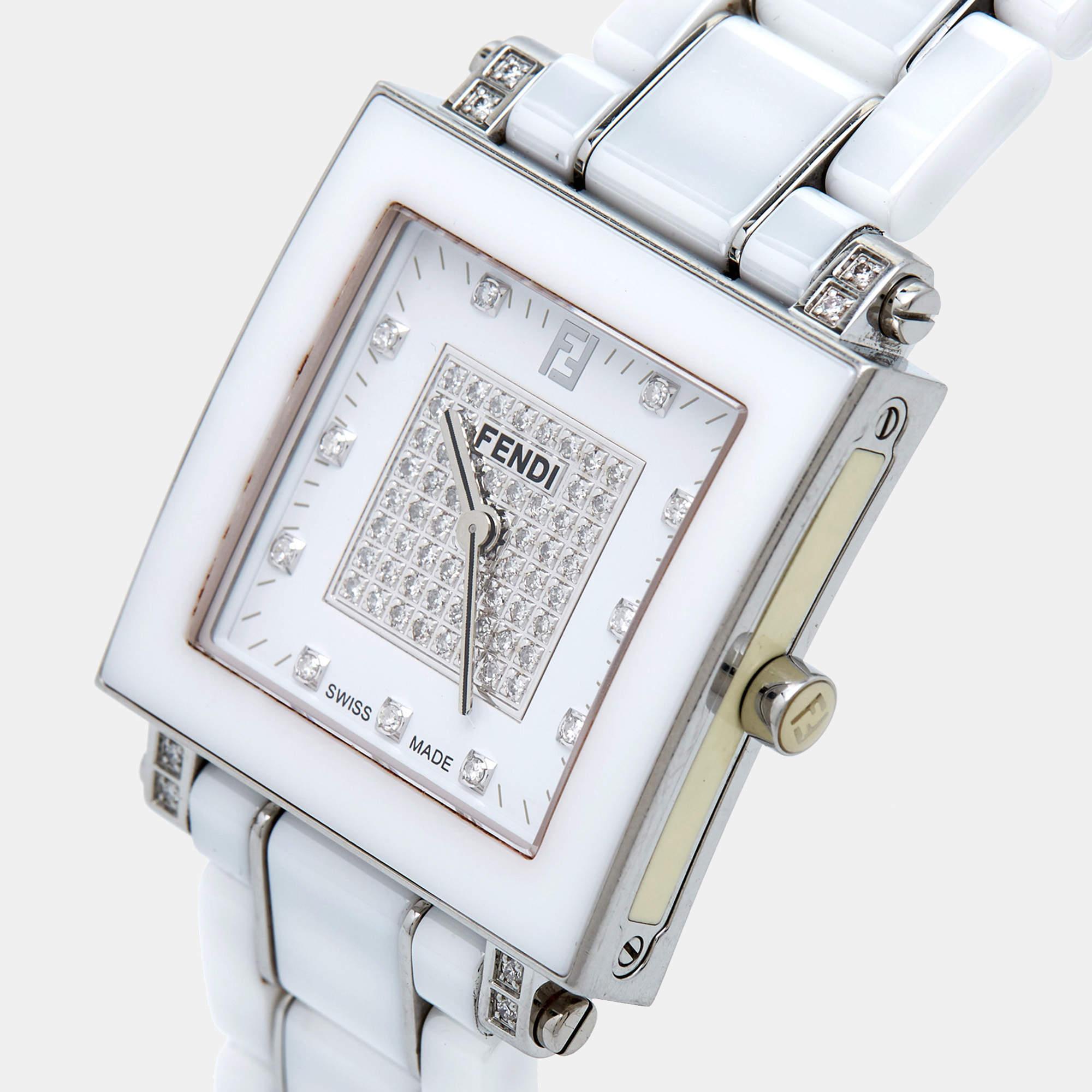 Fendi White Ceramic Stainless Steel Diamonds Quadro 6200G Women's Wristwatch 30  3