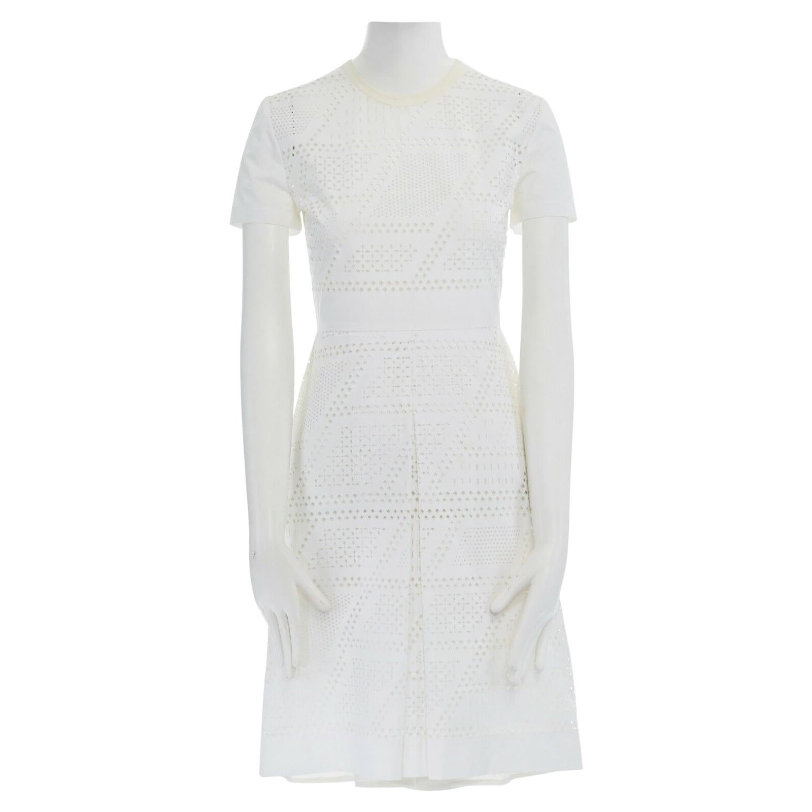 FENDI white cotton laser cut perforated short sleeve cocktail dress IT36 US0 XS