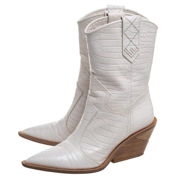 Fendi White Croc Embossed Leather Mid Calf Pointed Toe Boots Size 40 at  1stDibs
