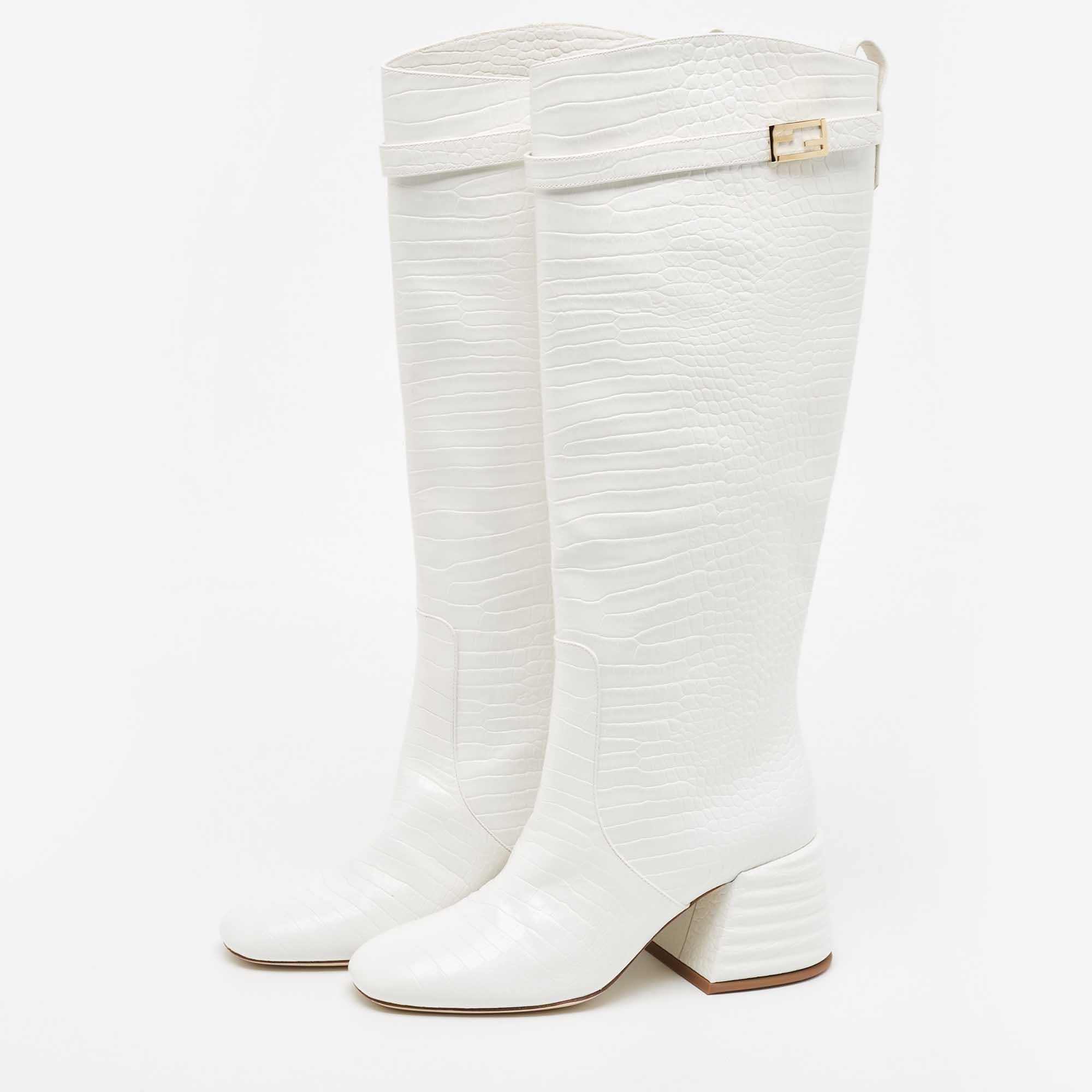 Fendi White Croc Embossed Leather Promenade Knee Length Boots Size 38 1