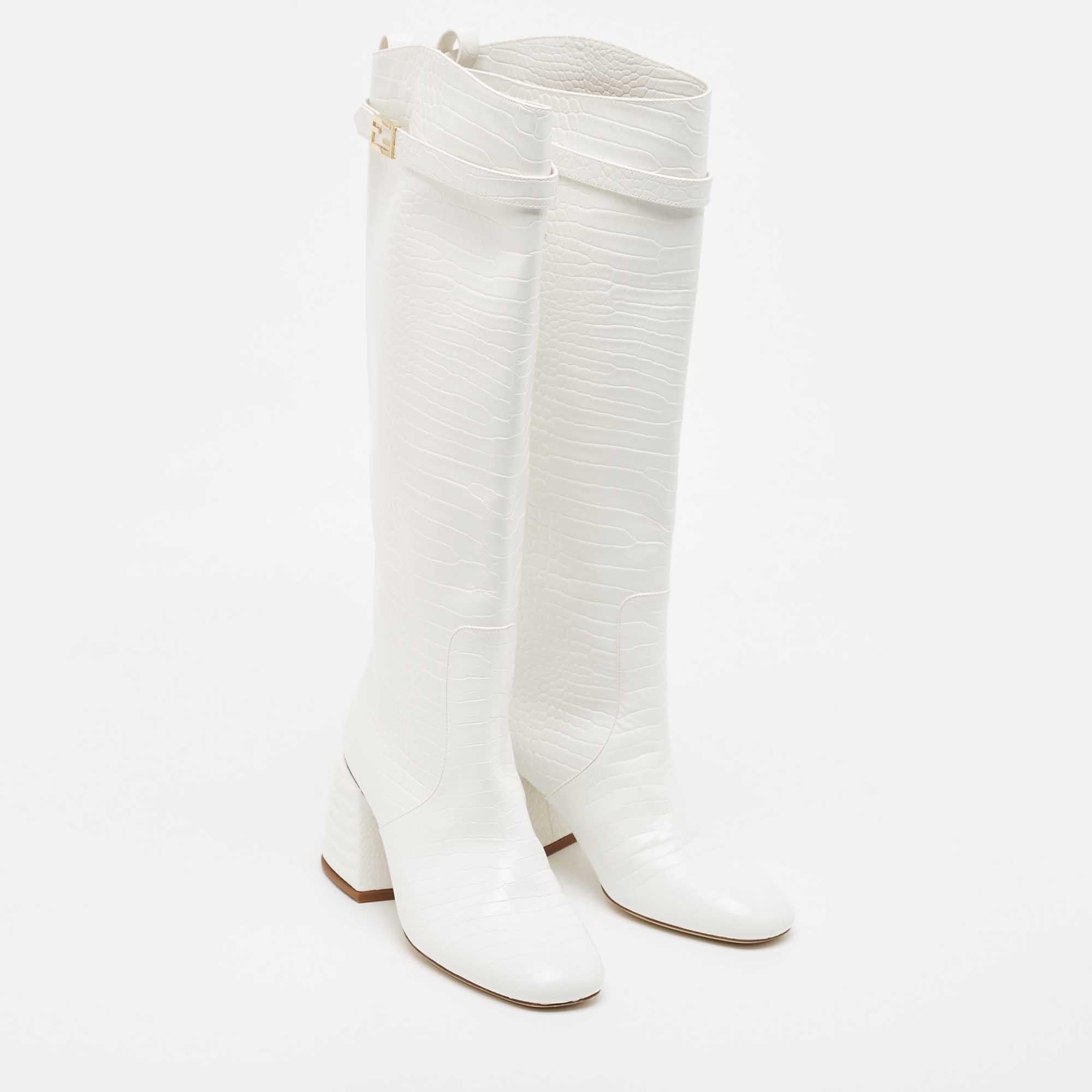 Fendi White Croc Embossed Leather Promenade Knee Length Boots Size 38 4