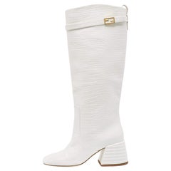 Used Fendi White Croc Embossed Leather Promenade Knee Length Boots Size 38