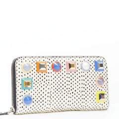 FENDI white dotted scaled leather Rainbow studs long zip continental wallet