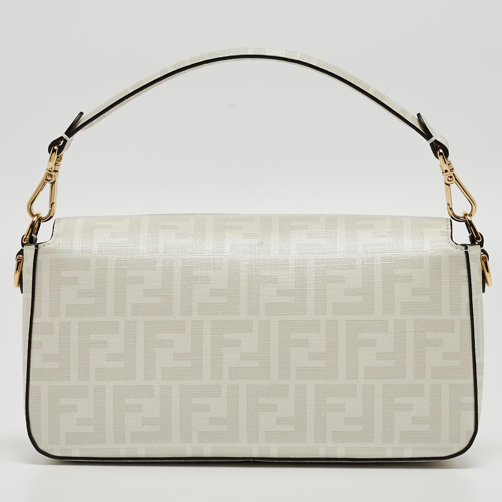 Fendi White FF Glazed Coated Canvas and Leather Inlay Baguette Shoulder Bag 6