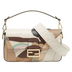 Fendi White FF Glazed Coated Canvas and Leather Inlay Baguette Shoulder Bag