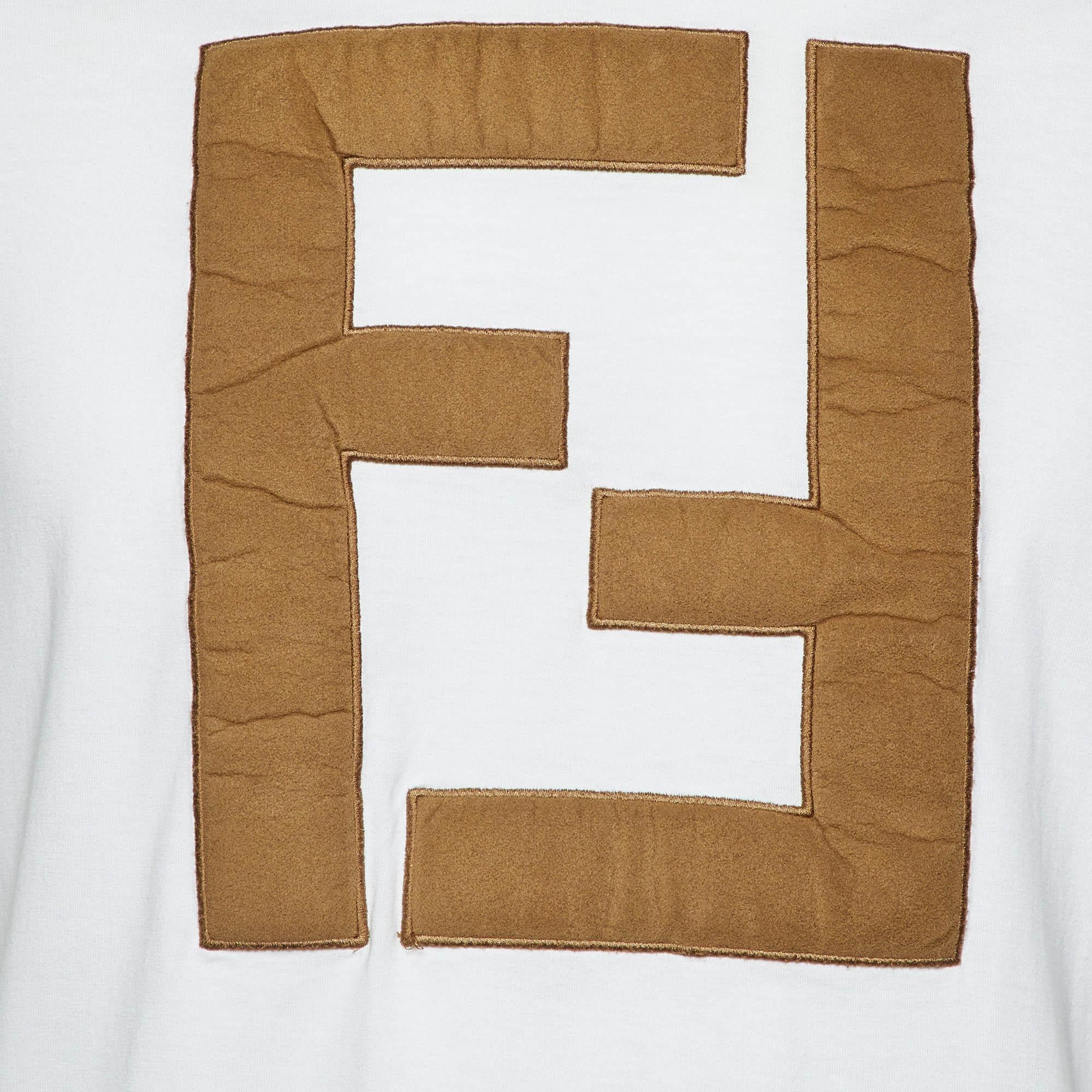 Gray Fendi White FF Logo Patch Embroidered Cotton T-Shirt M For Sale
