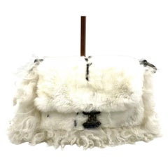 Fendi White Fur FF Logo Flap Shoulder Bag