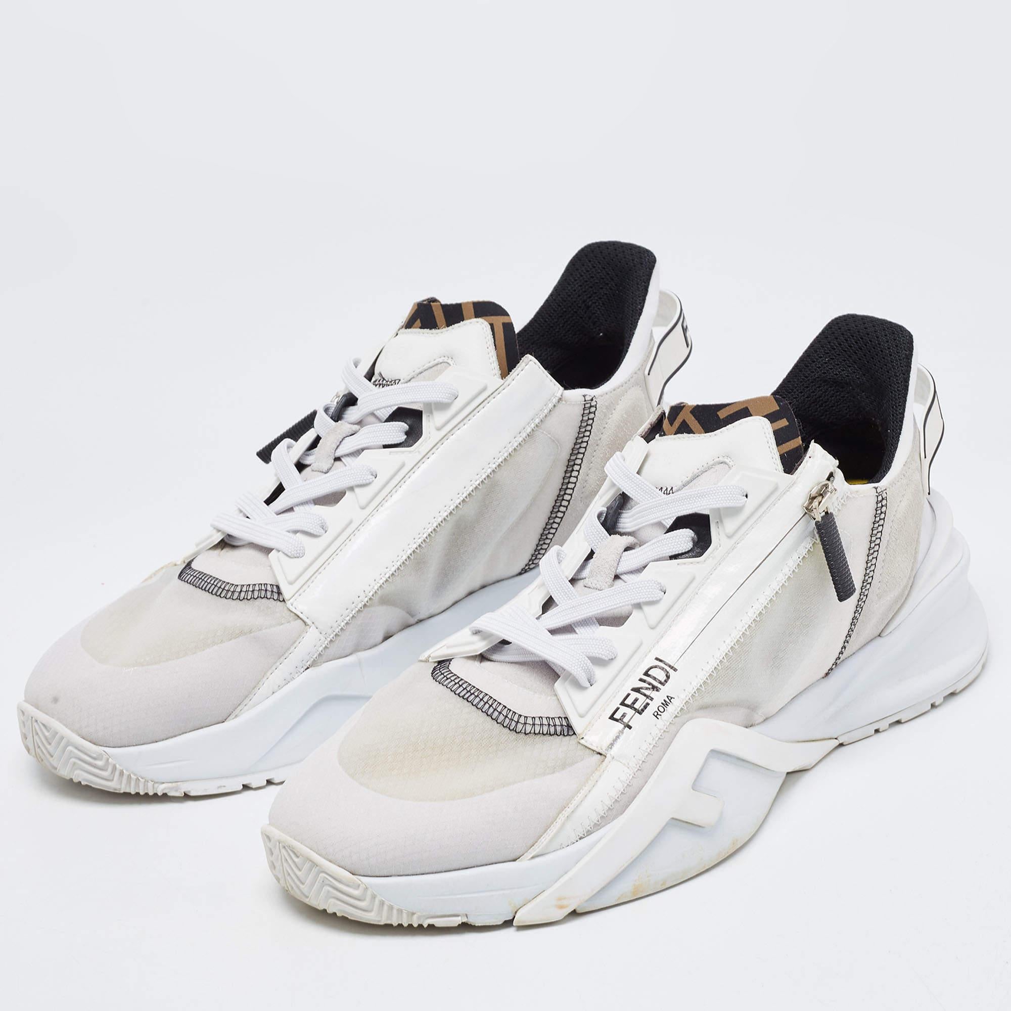Fendi White/Grey Mesh and Suede Flow Sneakers Size 45 In Good Condition In Dubai, Al Qouz 2