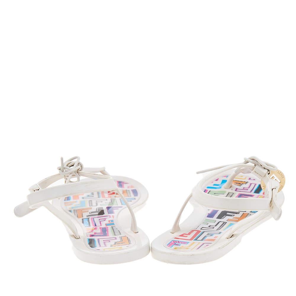 Women's Fendi White Jelly Logo Charm Sunny Thong Flat Sandals Size 39