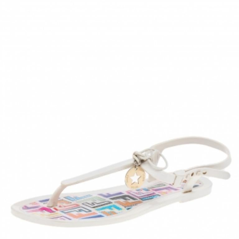 Women's Fendi White Jelly Logo Charm Sunny Thong Flat Sandals Size 39