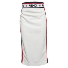 Fendi White Jersey Zucca Motif Stripe Detail Midi Pencil Skirt M