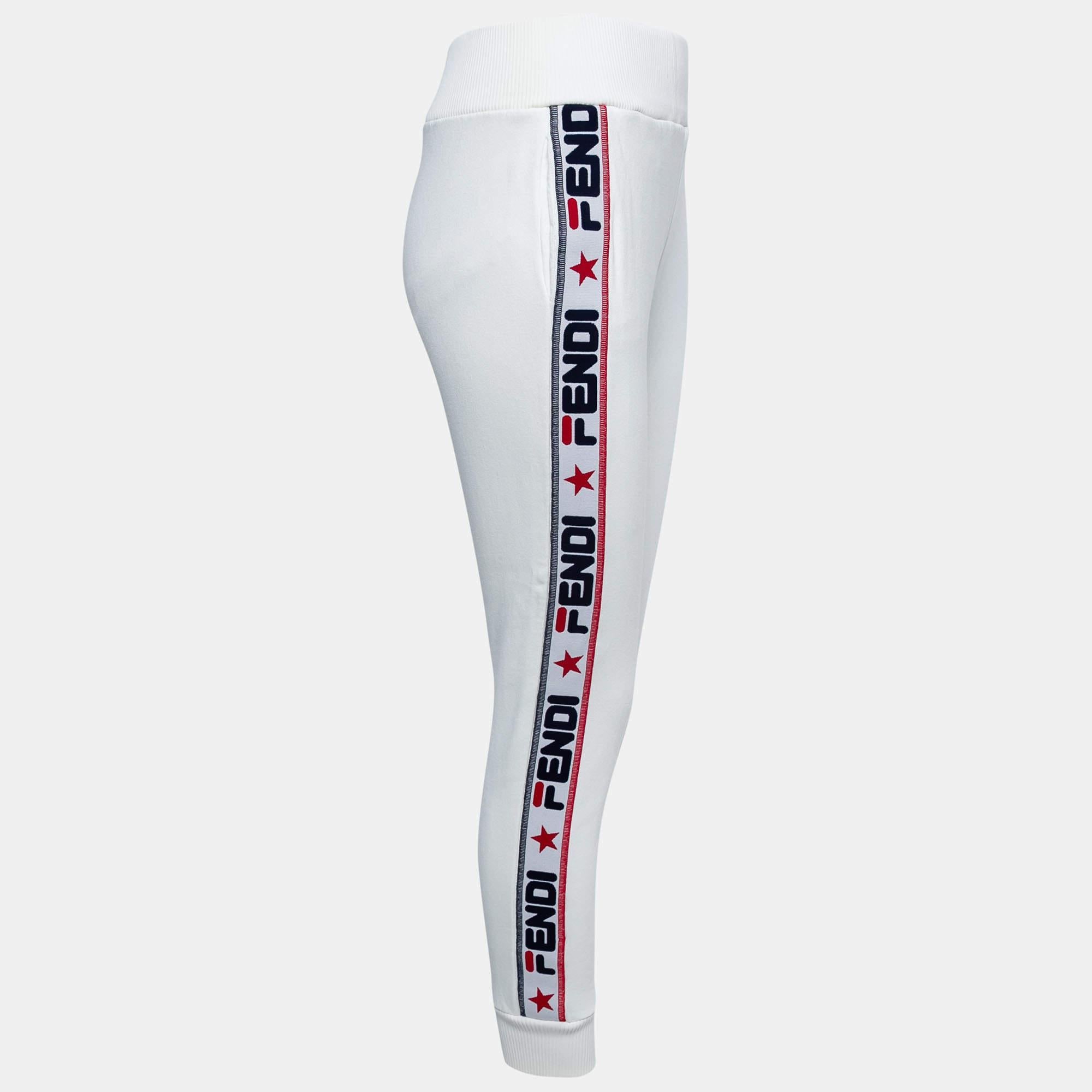 Fendi White Knit Logo Band Trim Track Pants M In Good Condition In Dubai, Al Qouz 2