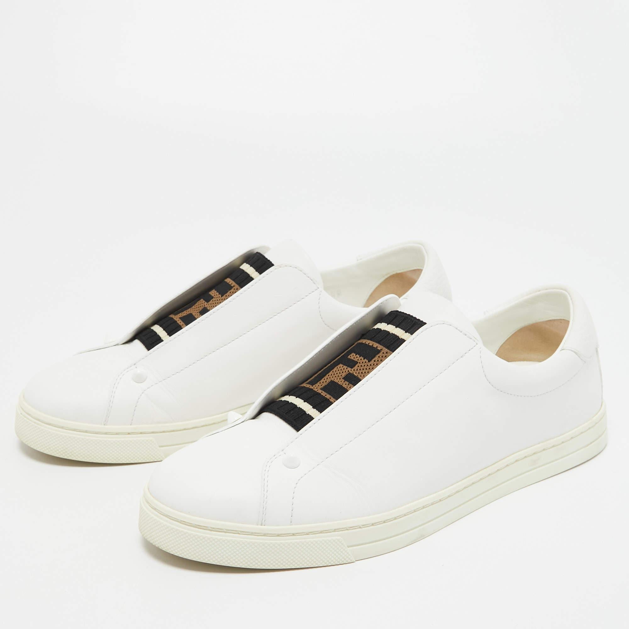 Women's Fendi White Leather and Logo Knit Fabric Rockoko Slip On Sneakers Size 39