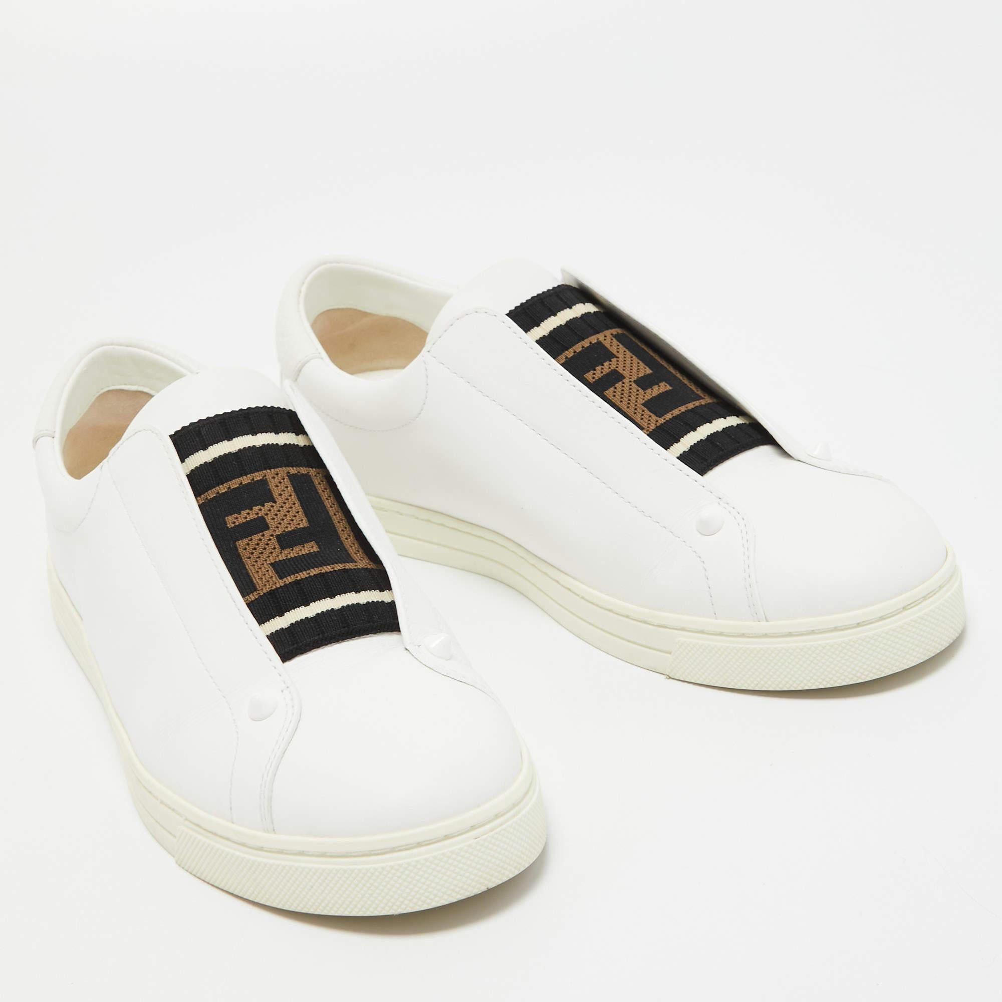 Fendi White Leather and Logo Knit Fabric Rockoko Slip On Sneakers Size 39 1