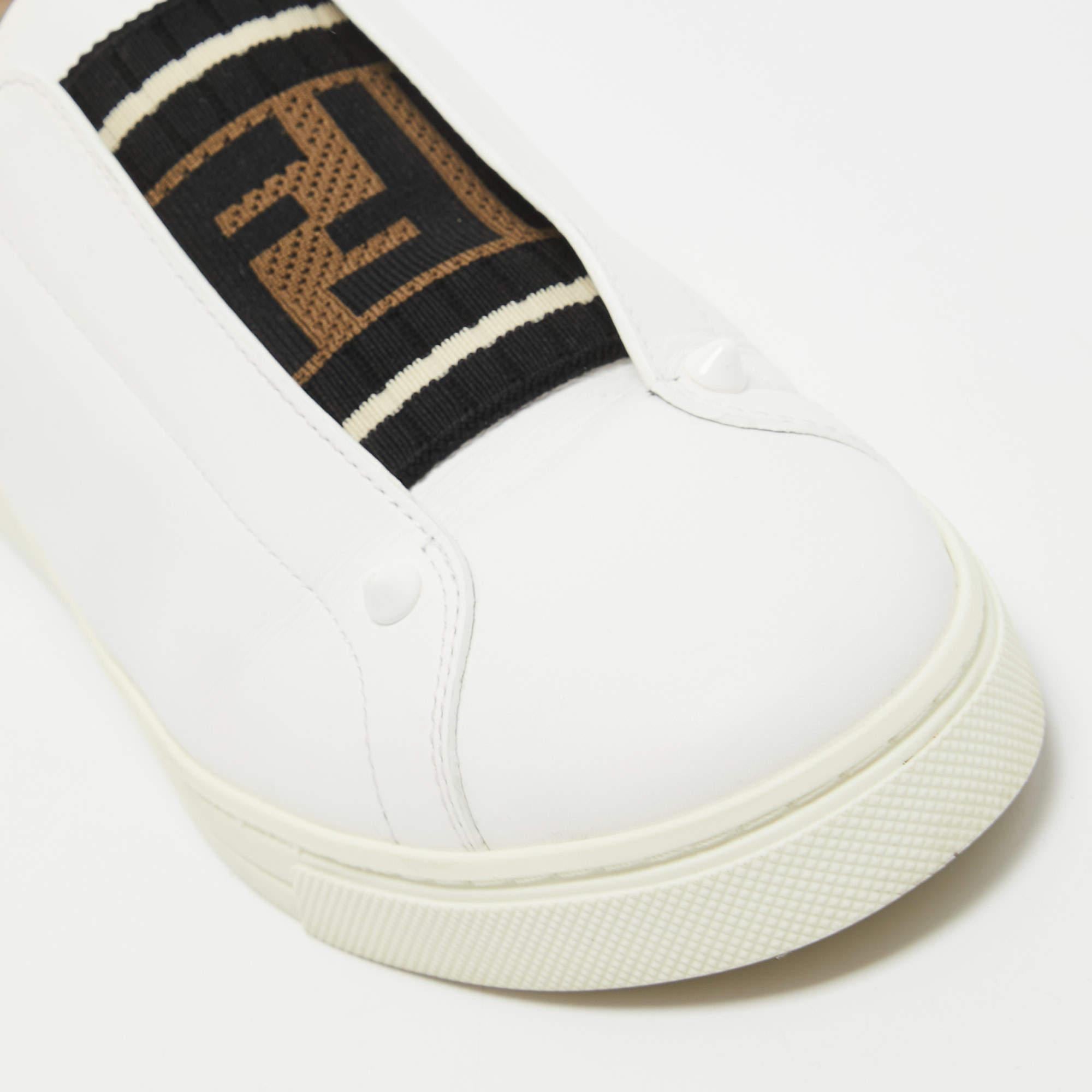 Fendi White Leather and Logo Knit Fabric Rockoko Slip On Sneakers Size 39 3