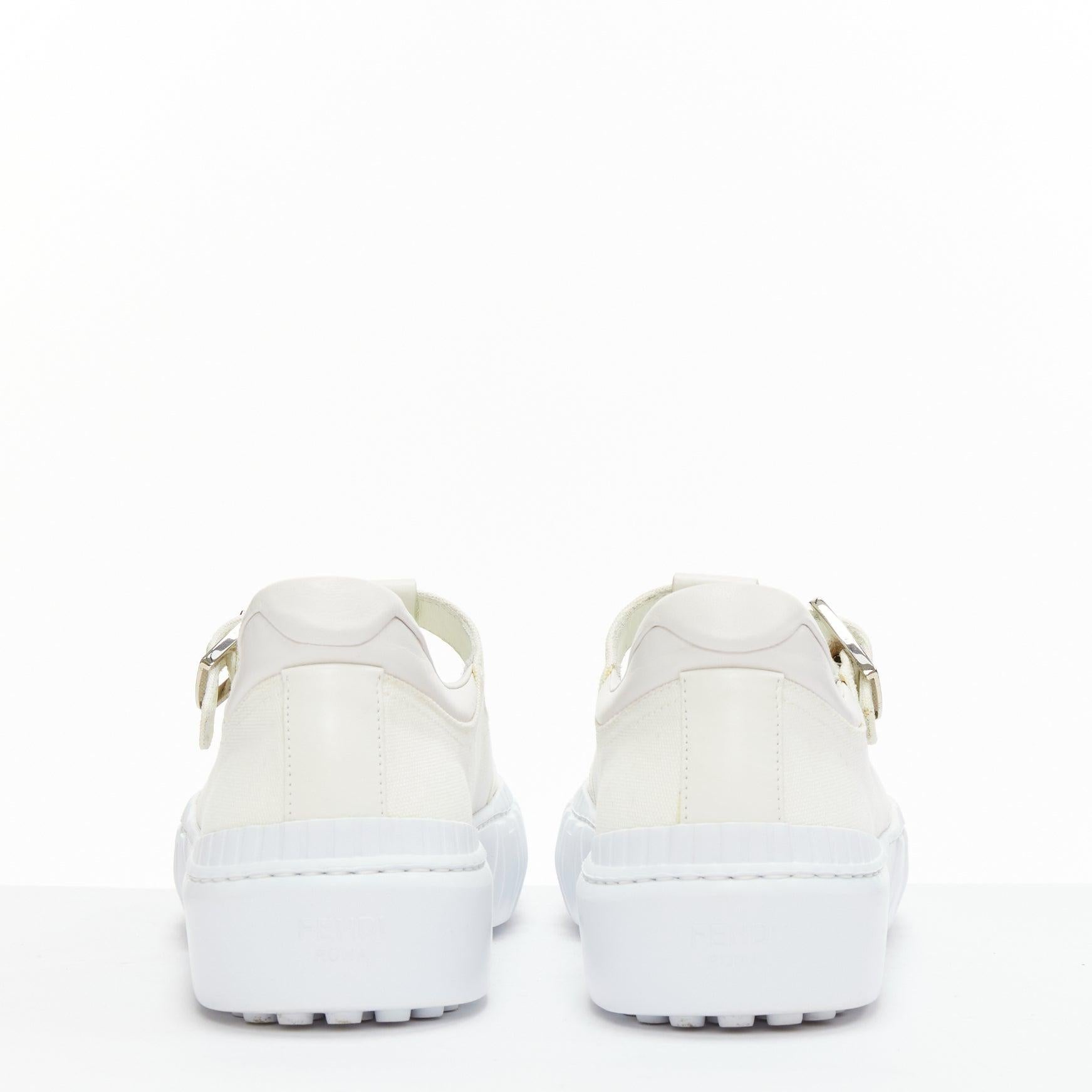 FENDI Weißes Leder Canvas Logo Schnallen T Strap Platform Sneakers EU41 im Angebot 1