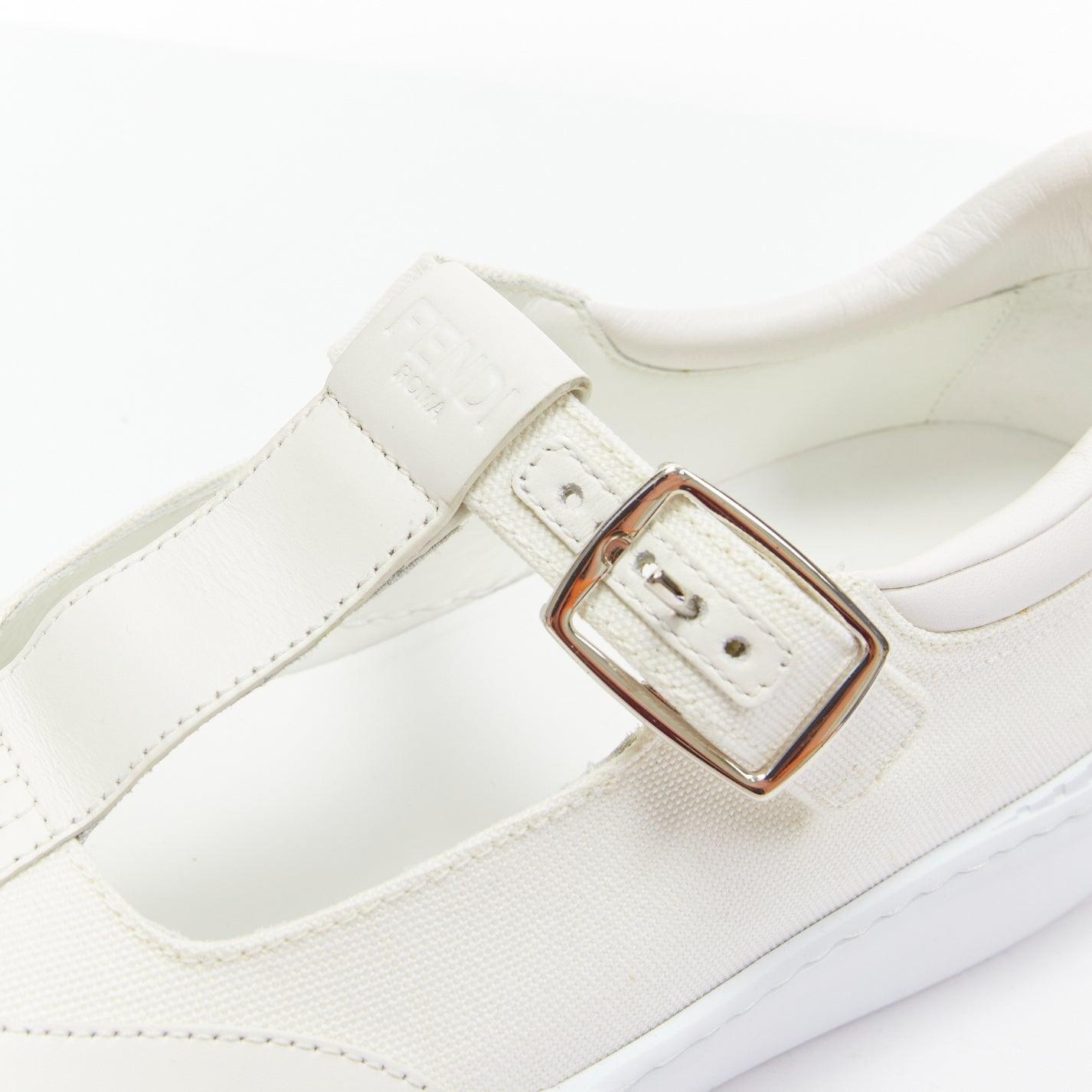FENDI Weißes Leder Canvas Logo Schnallen T Strap Platform Sneakers EU41 im Angebot 3