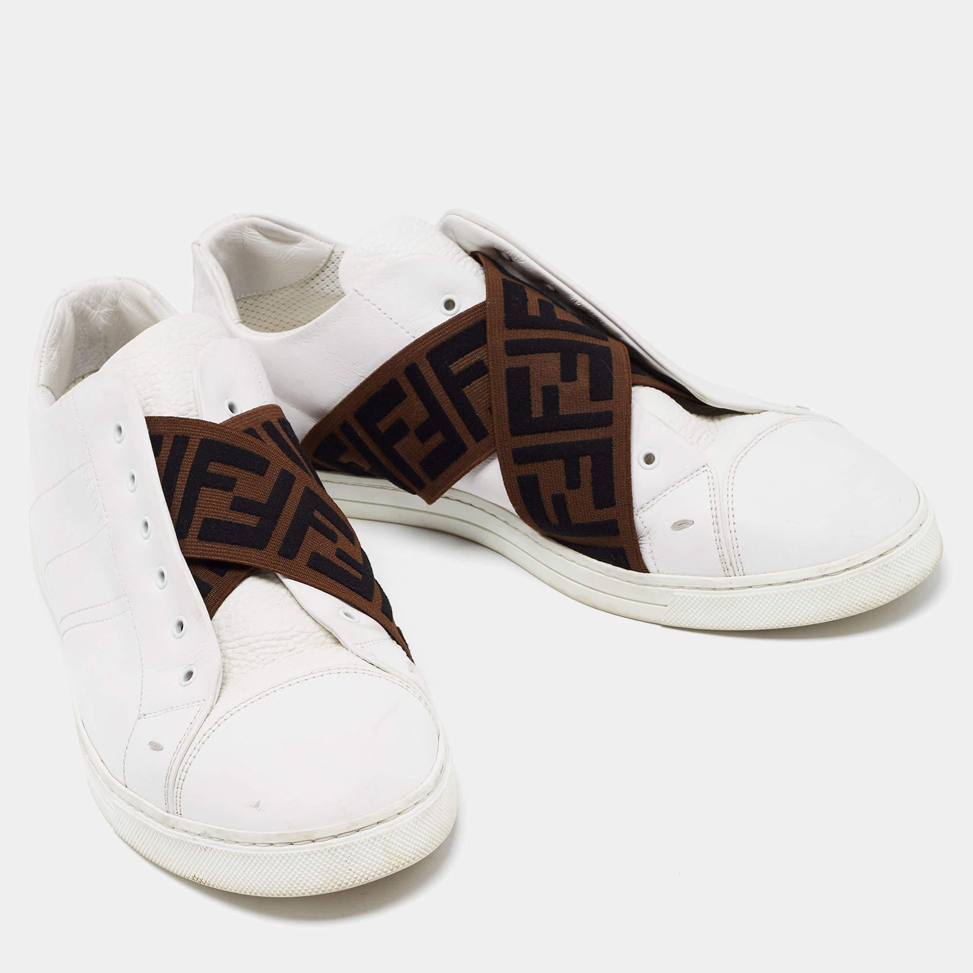 Fendi White Leather FF Crisscross Strap Slip On Sneakers Size 43.5 In Good Condition In Dubai, Al Qouz 2