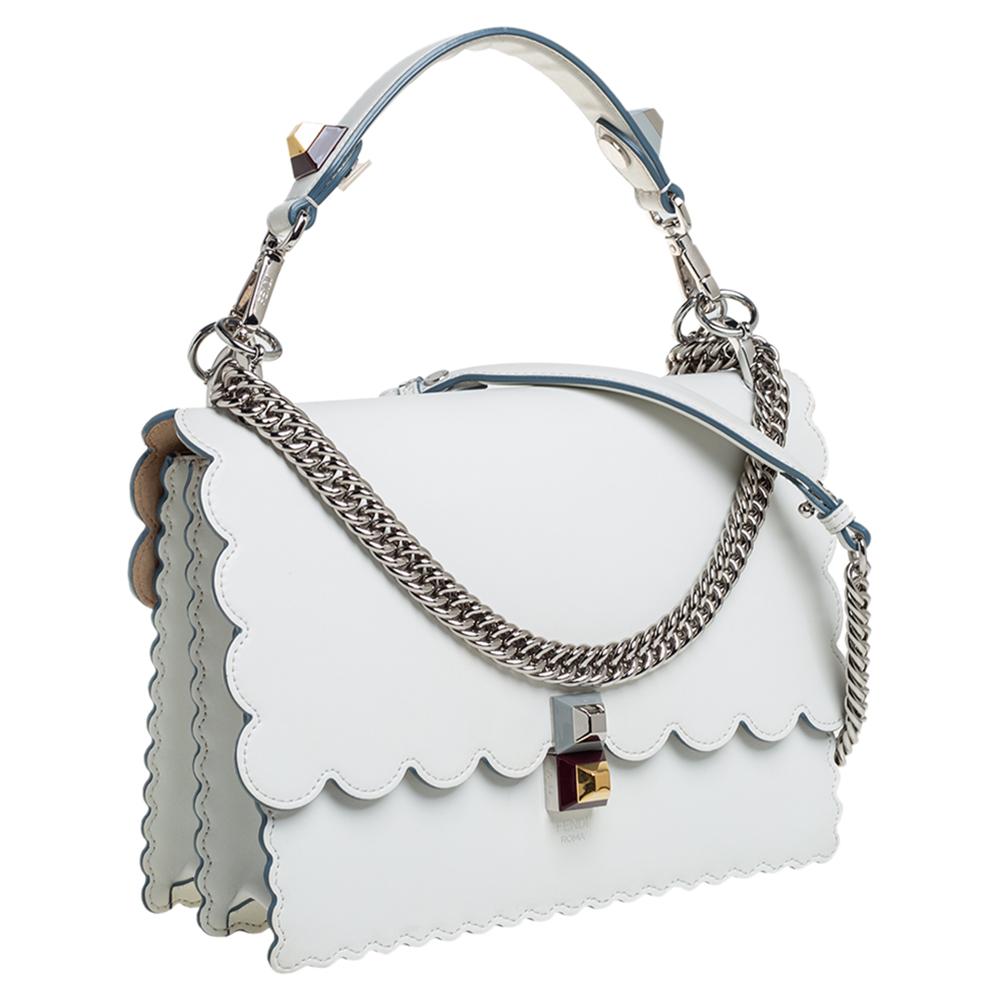 Gray Fendi White Leather Kan I Scalloped Crossbody Bag