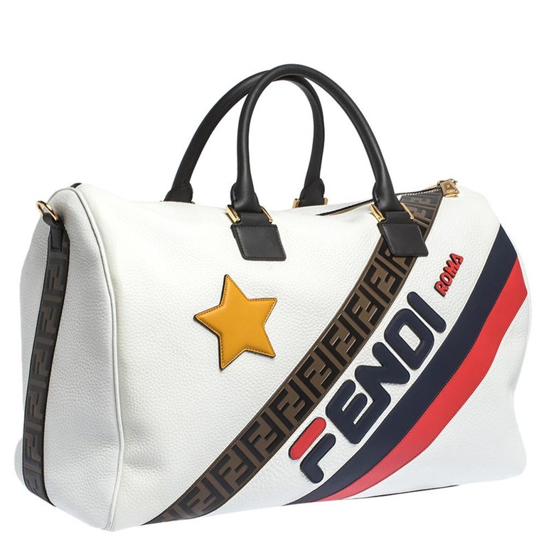Fendi White Leather Logo Mania Weekender Bag at 1stDibs