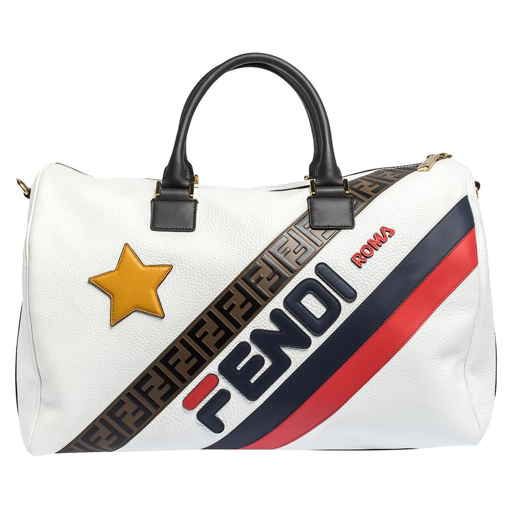 Fendi White Leather Logo Mania Weekender Bag