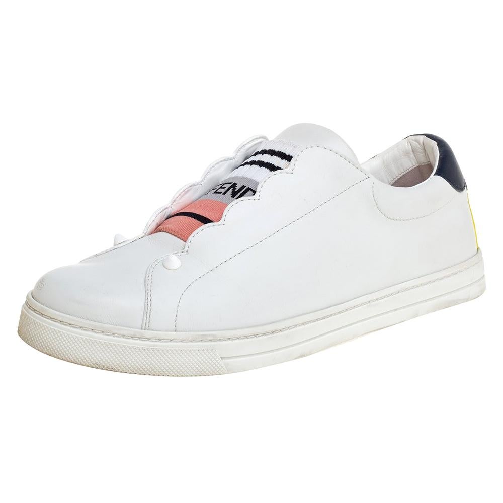 Fendi White Leather Scalloped Low-Top Sneakers Size 38