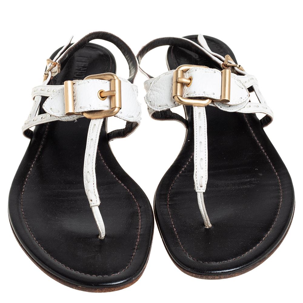 Black Fendi White Leather T-Strap Flat Sandals Size 39