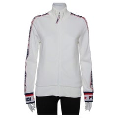 Fendi White Logo Strip Detail Knit Zipper Front Jacket M