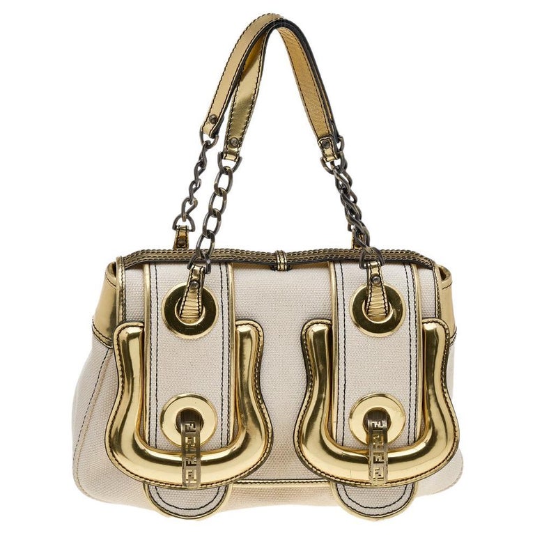 Fendi White/Metallic Gold Canvas And Patent Leather B. Bag Shoulder Bag ...