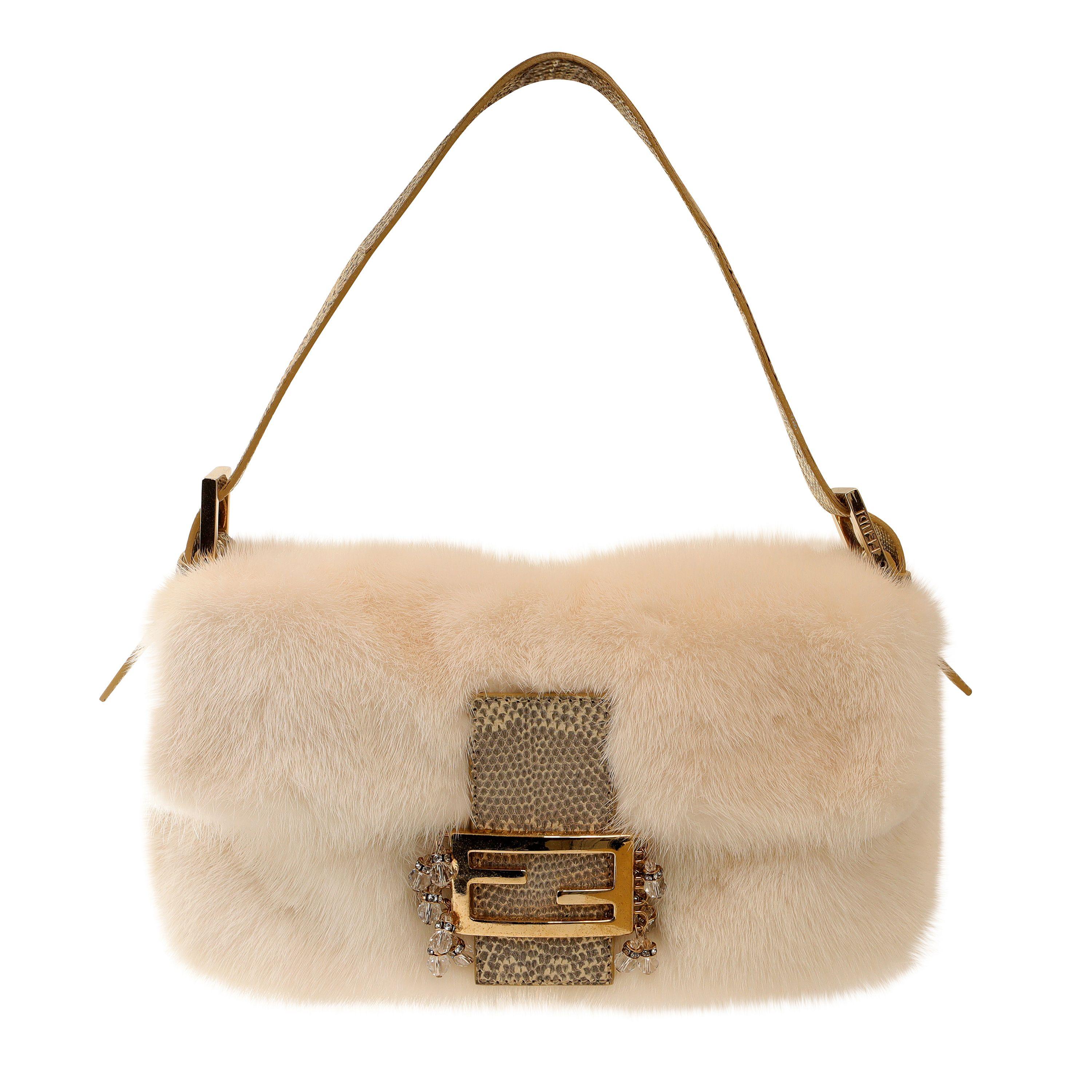 Fendi White Mink Baguette with Ombre Lizard and Crystals In Good Condition In Palm Beach, FL