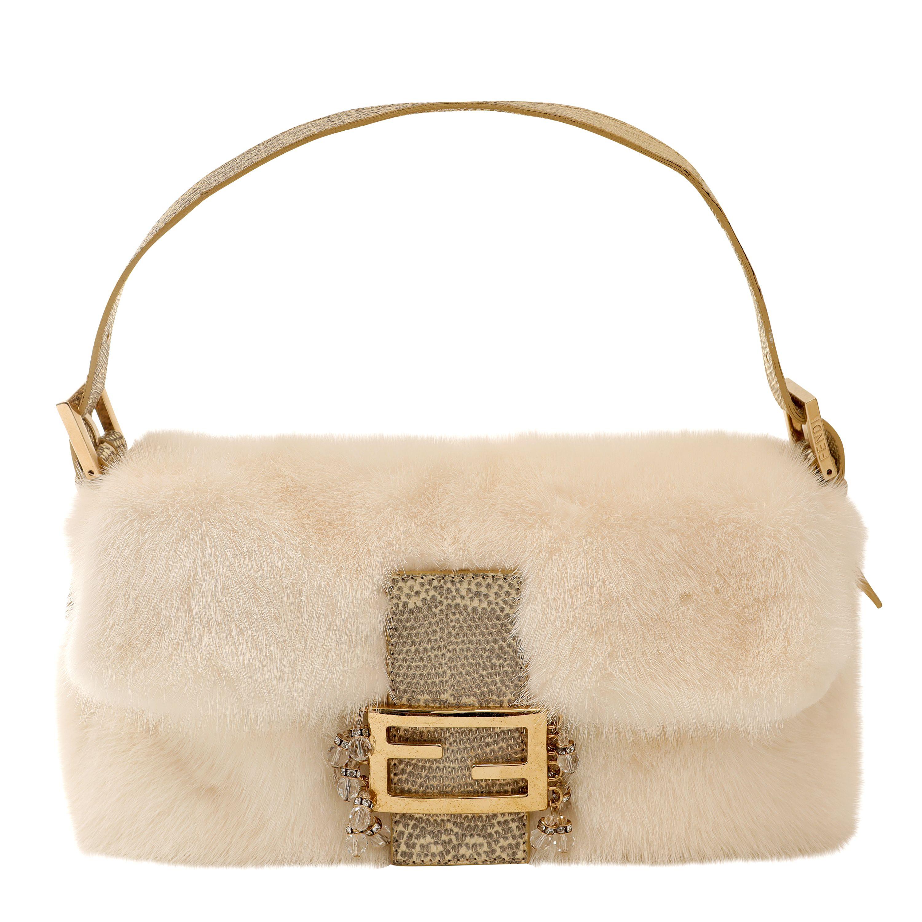 Women's Fendi White Mink Baguette with Ombre Lizard and Crystals