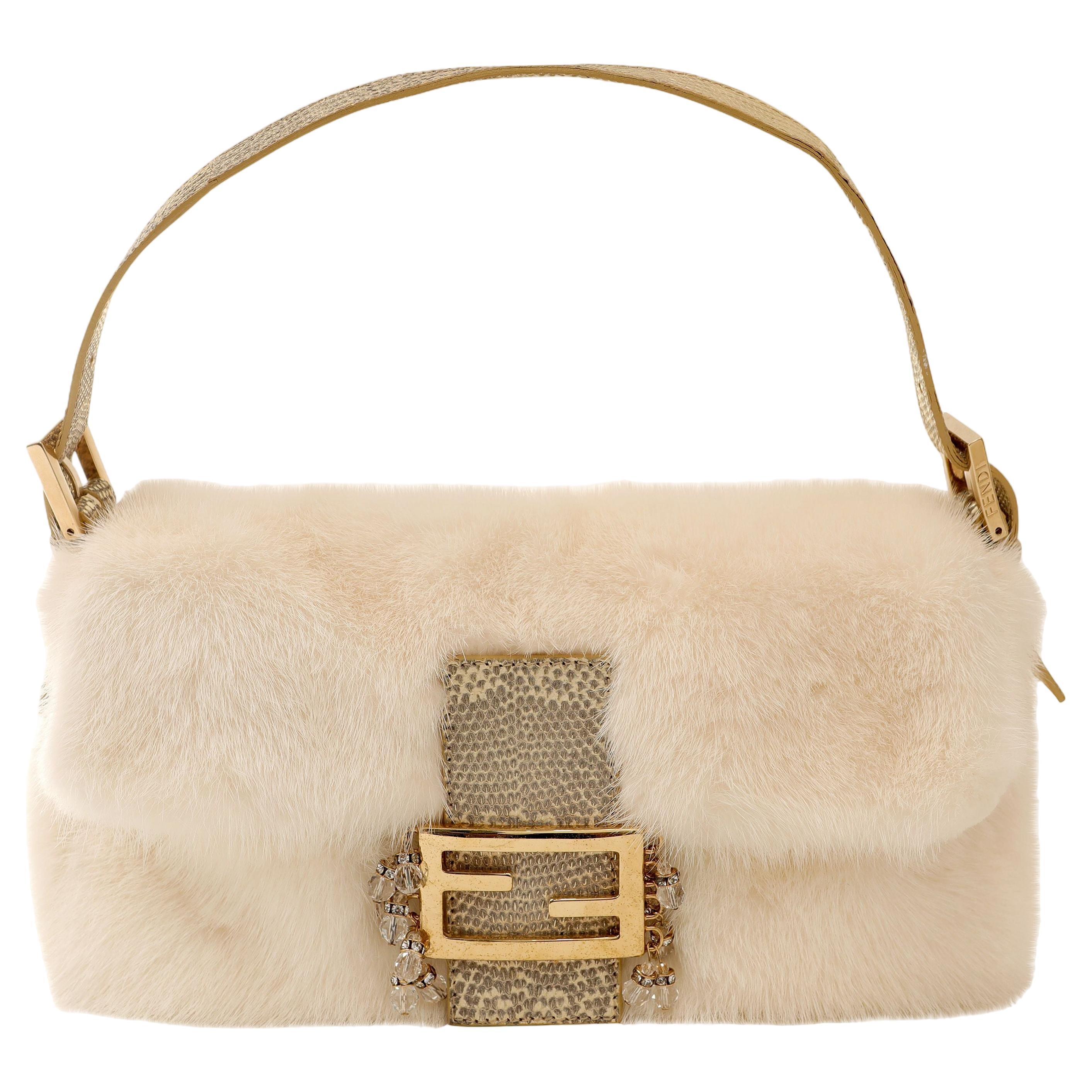 Fendi White Mink Baguette with Ombre Lizard and Crystals