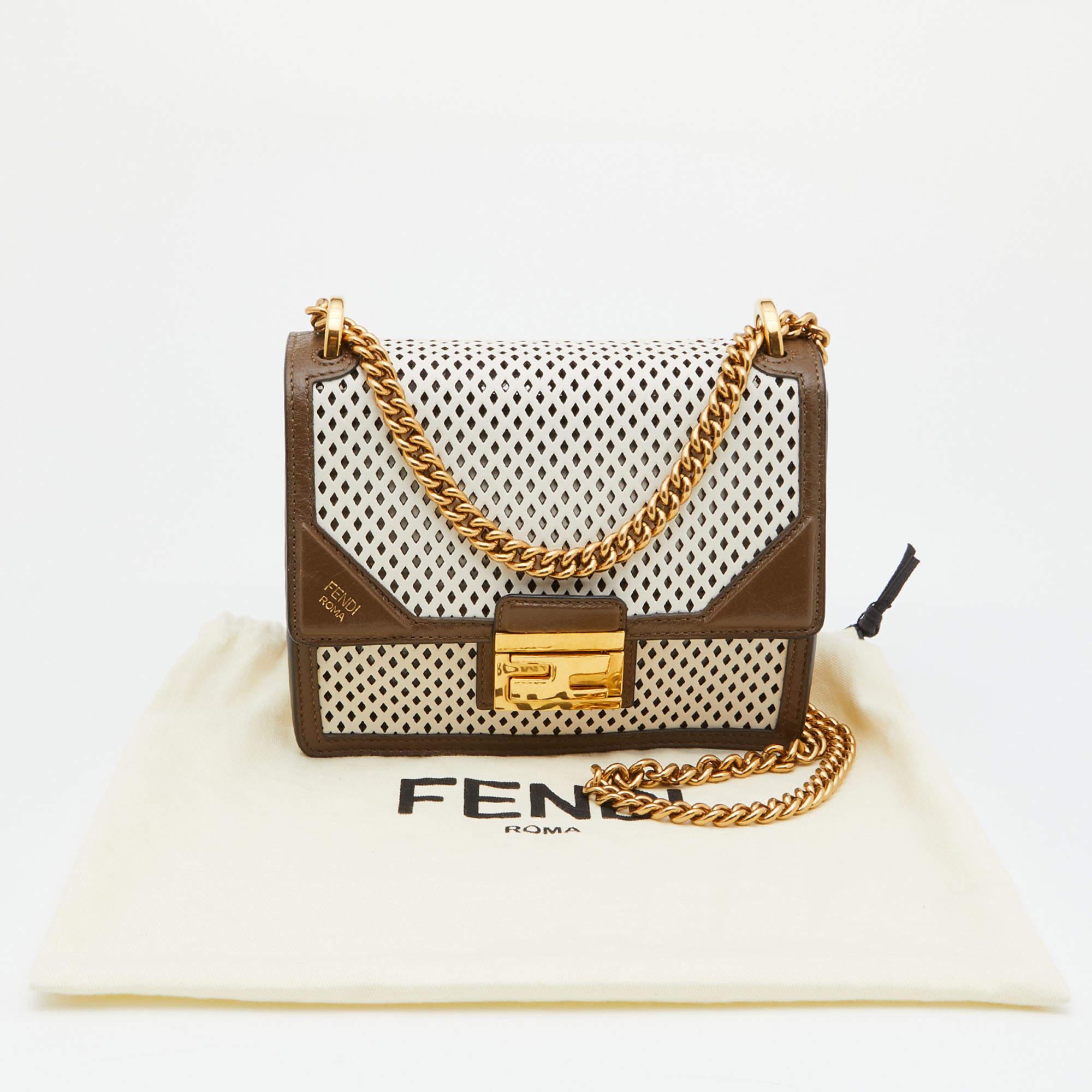 Fendi White Olive Green Perforeted Leather Small Kan U Shoulder