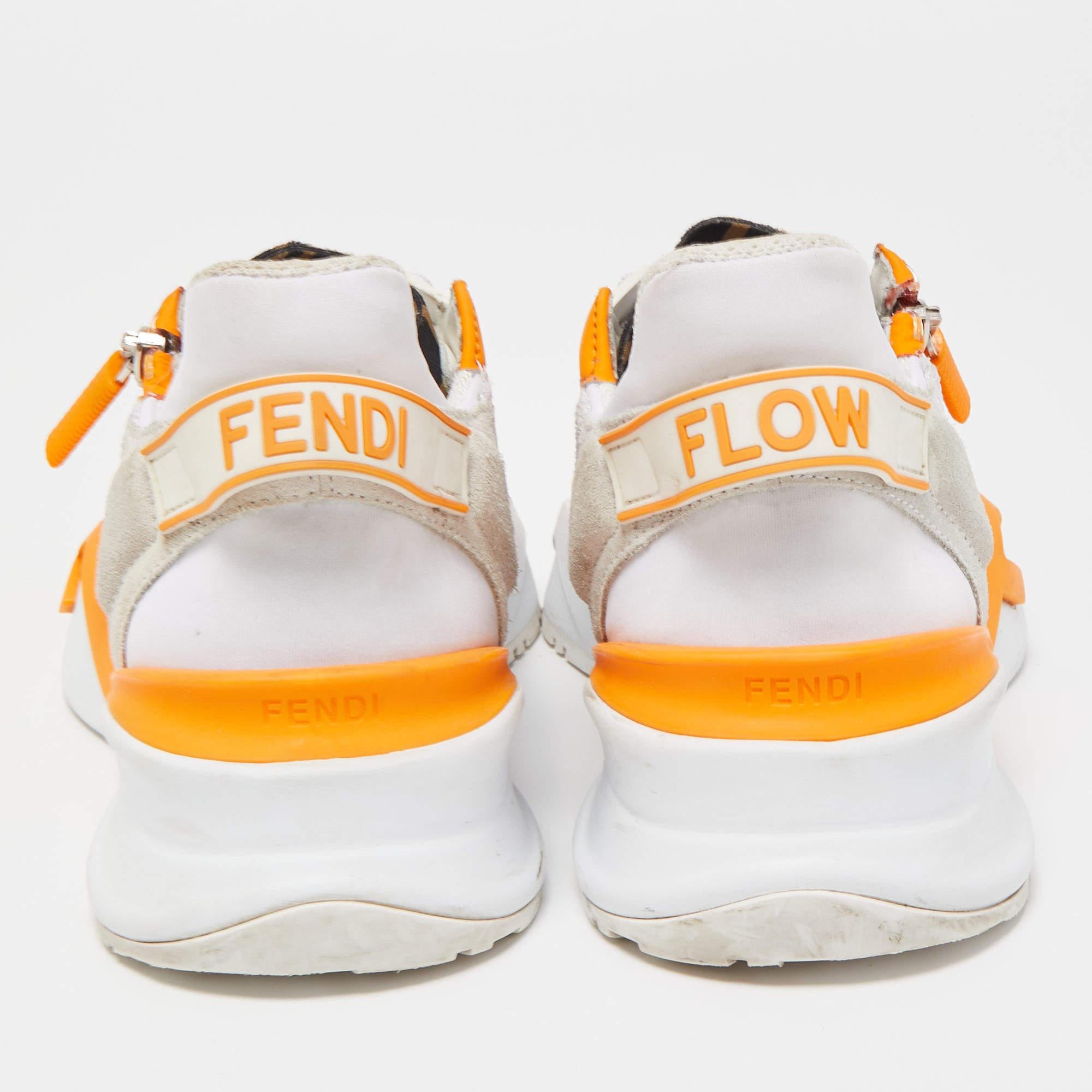 Gray Fendi White/Orange Mesh and Suede Flow Sneakers