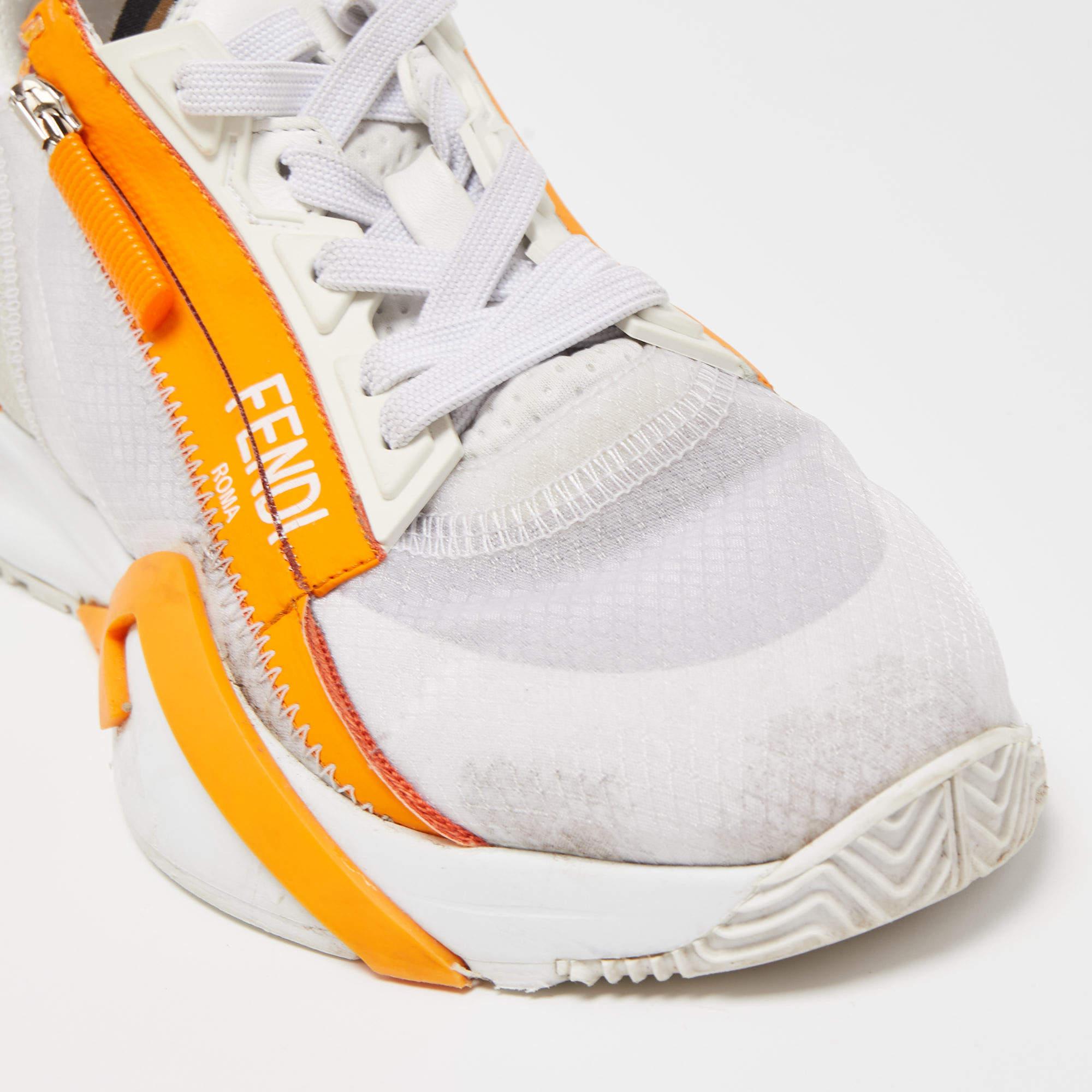 Fendi White/Orange Mesh and Suede Flow Sneakers In Good Condition In Dubai, Al Qouz 2