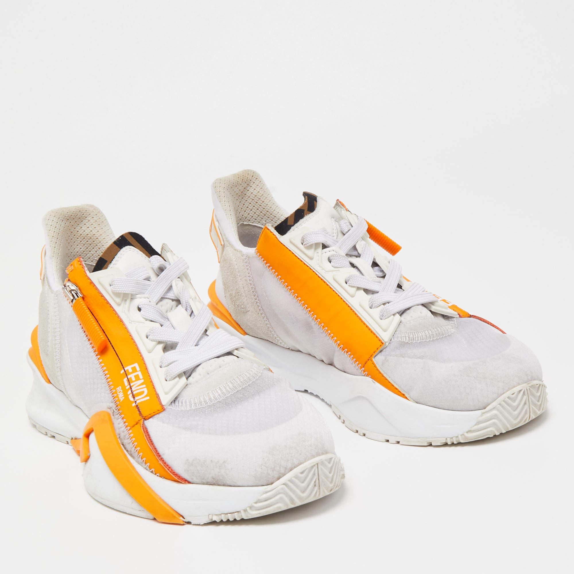 Women's Fendi White/Orange Mesh and Suede Flow Sneakers