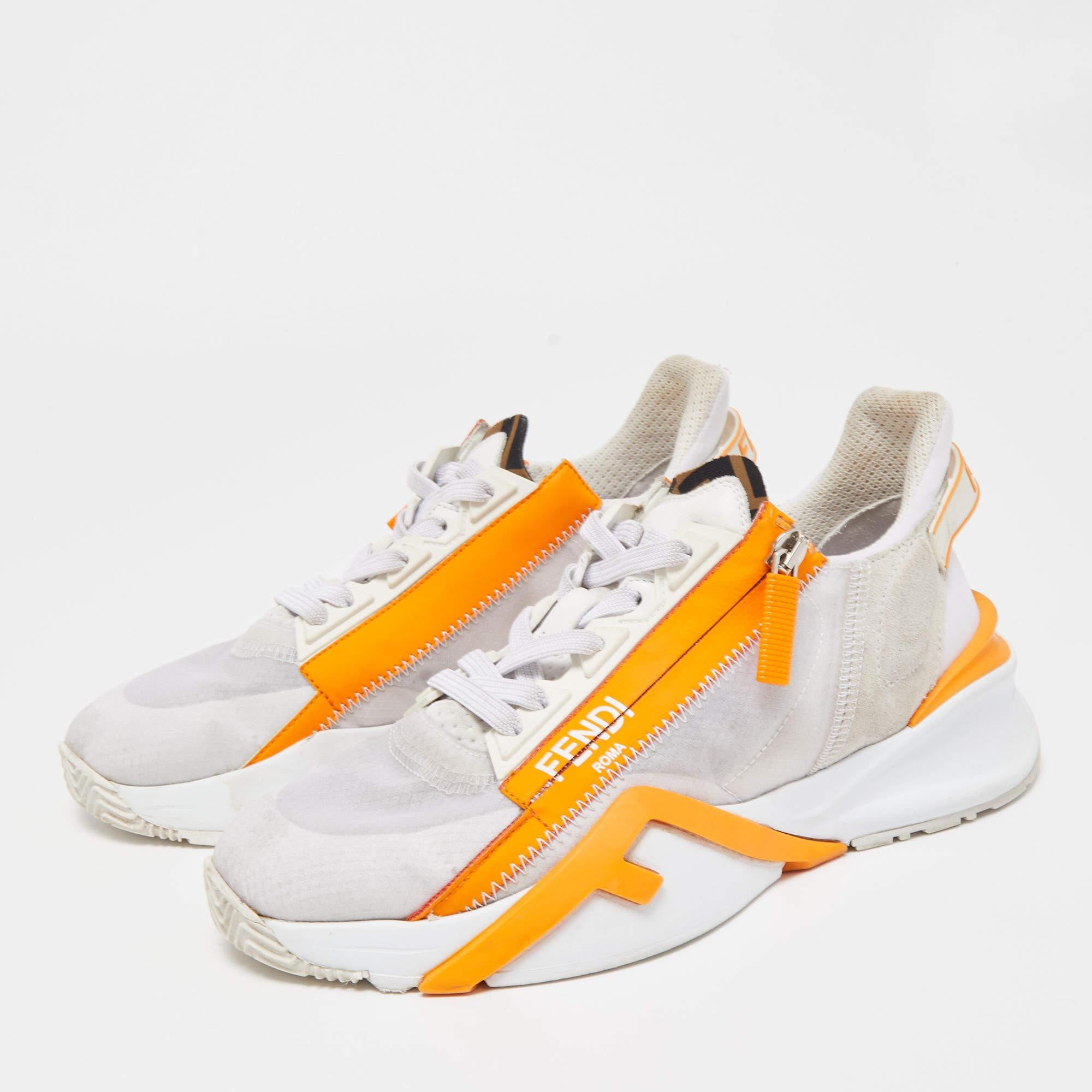 Fendi White/Orange Mesh and Suede Flow Sneakers 1
