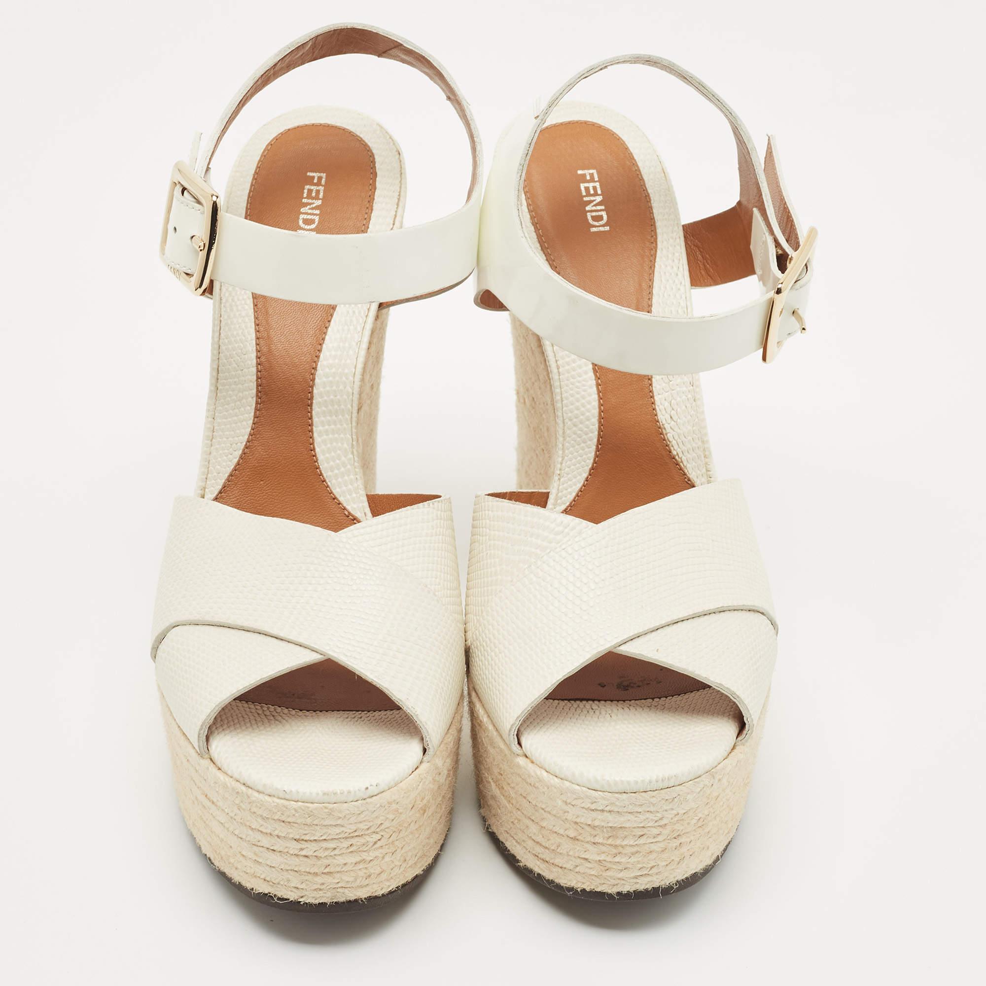 Fendi White Patent Leather and Lizard Embossed Leather Wedge Platform Ankle Stra In Good Condition In Dubai, Al Qouz 2