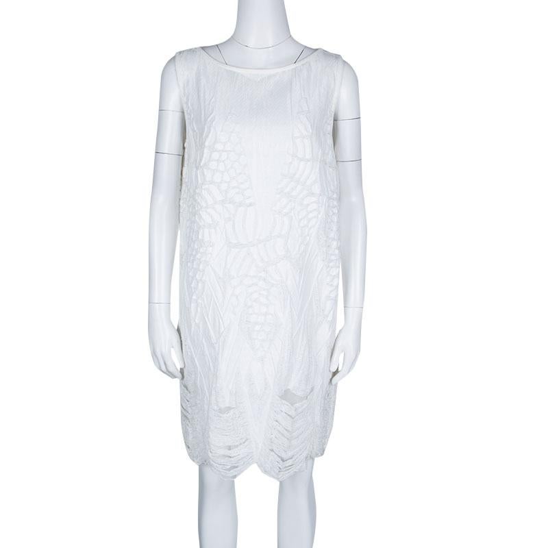 You are sure to love putting this dress on as it is well-designed to suit the mood of summer. This white dress is from Fendi and it carries a sleeveless style with distress effects creating patterns all over and cuts towards the hem.

Includes: The