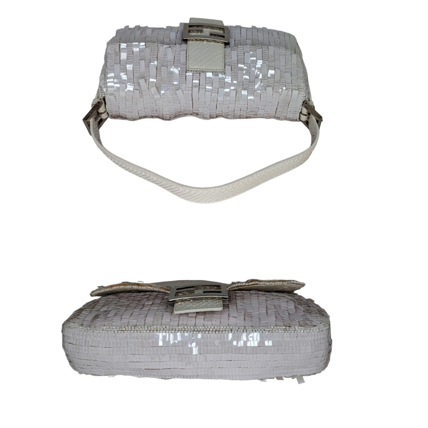 Fendi White Sequin Baguette Shoulder Bag In Excellent Condition In Scottsdale, AZ
