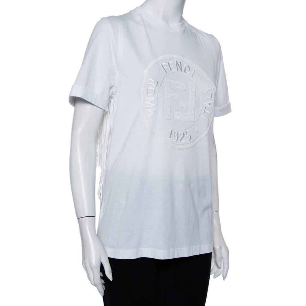 Gray Fendi White Sequin Embellished Logo Embroidered Cotton Fringed Detail Tshirt XXS For Sale