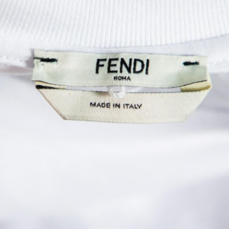 Fendi White Sequin Embellished Logo Embroidered Cotton Fringed Detail Tshirt XXS In Excellent Condition For Sale In Dubai, Al Qouz 2