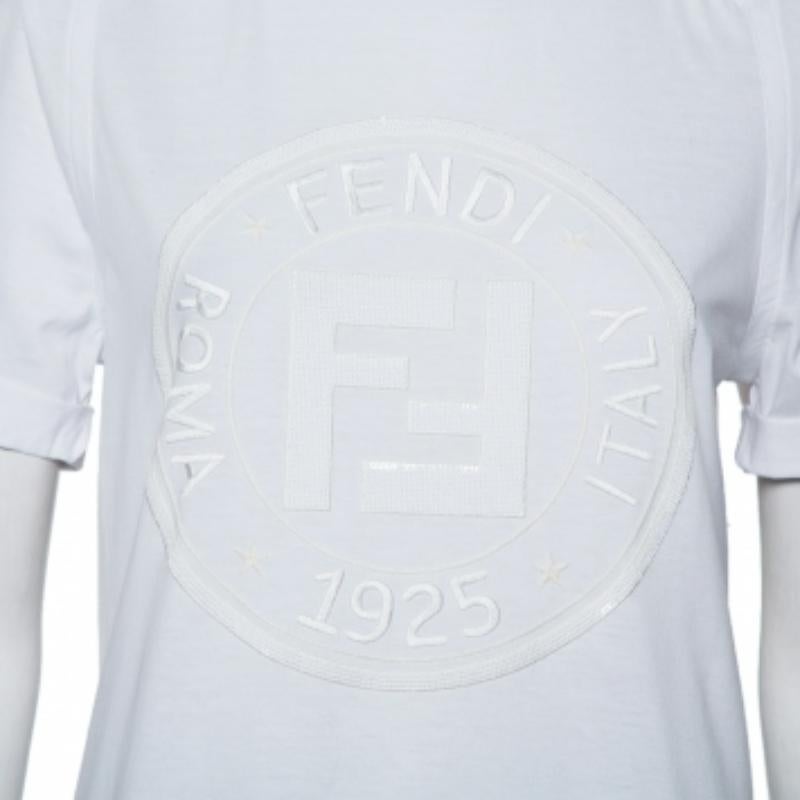 Fendi White Sequin Embellished Logo Embroidered Cotton Fringed Detail Tshirt XXS For Sale 1