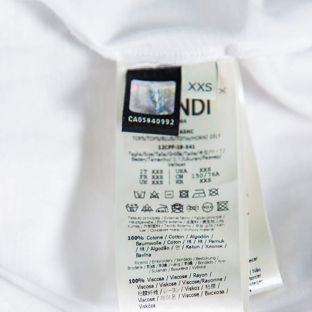 Fendi White Sequin Embellished Logo Embroidered Cotton Fringed Detail Tshirt XXS For Sale 1