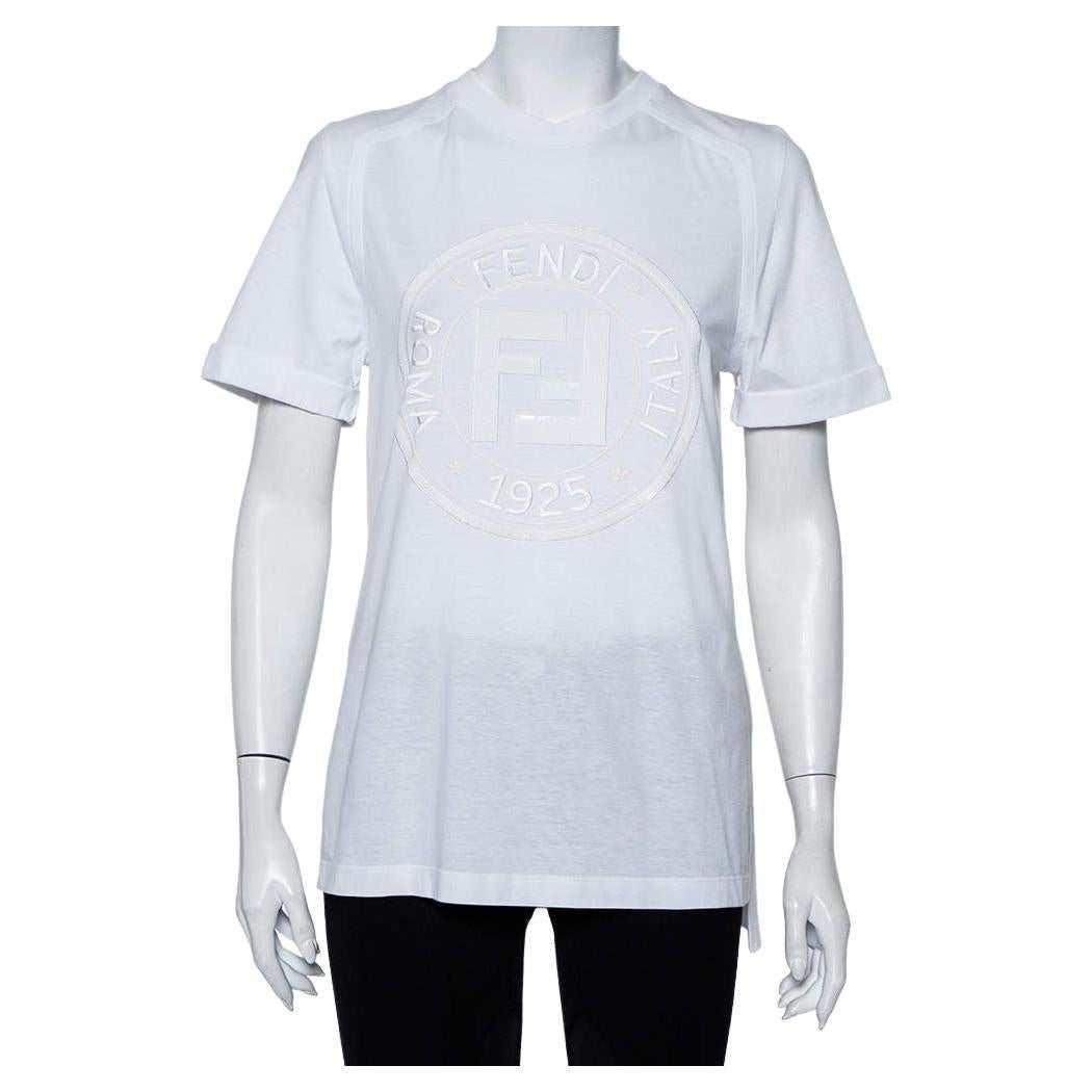 Fendi White Sequin Embellished Logo Embroidered Cotton Fringed Detail Tshirt XXS For Sale