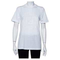 Used Fendi White Sequin Embellished Logo Embroidered Cotton Fringed Detail Tshirt XXS
