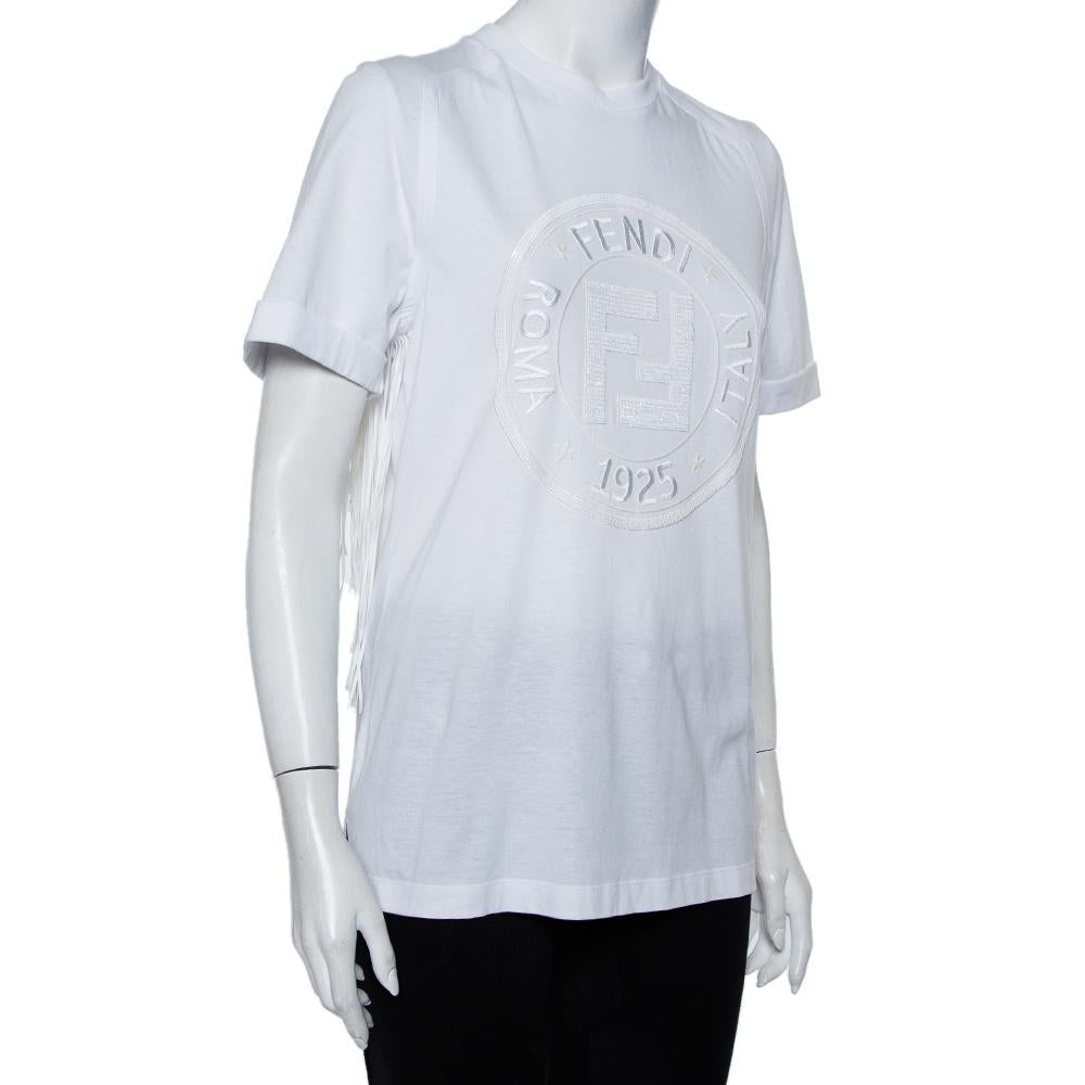 Fendi Weißes, mit Pailletten besticktes Logo besticktes T-Shirt aus Baumwolle mit Fransen XXS (Grau) im Angebot